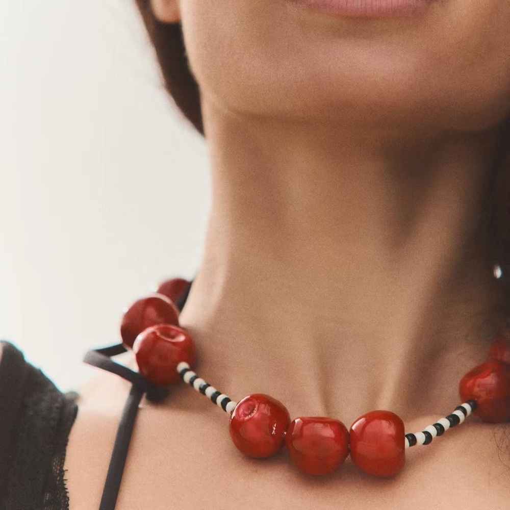 NWOT. Zara Red Beaded Necklace with Cherry-Shaped Resin Pieces. - Picture 2 of 6